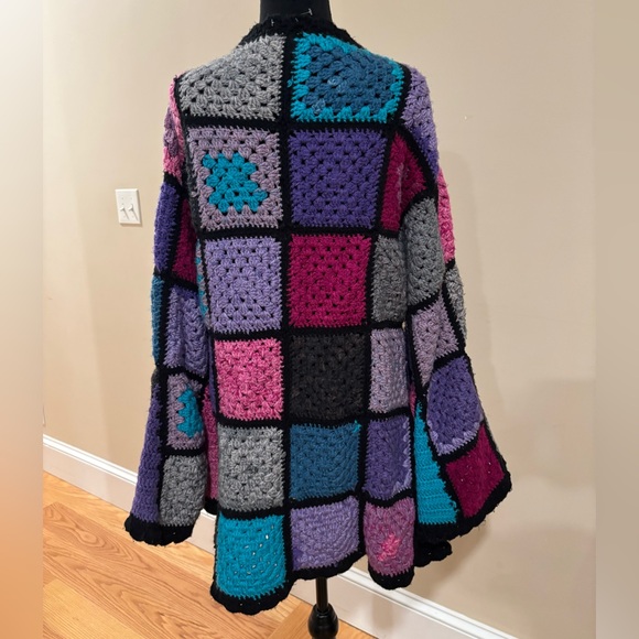 Handmade Granny Square Bell Sleeve Cardigan Vibrant Pink Purple & Blue Size L XL - Picture 6 of 8